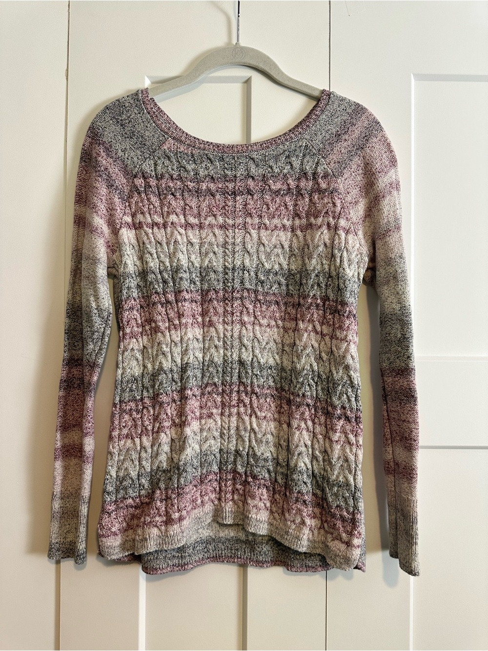 Sonoma Striped Cable-Knit Scoop Neck Sweater in Purple, Gray & Cream